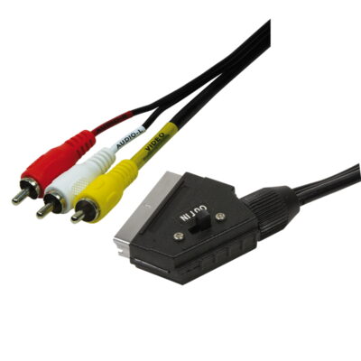 CAVO DI CONNESSIONE SCART CON SWITCH I/O – 21 POLI MASCHIO E 3 X RCA- VIDEO + AUDIO STEREO – MT. 1,50