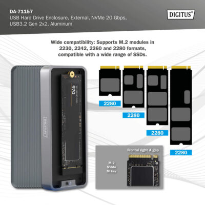 DIGITUS Alloggiamento per disco rigido USB M.2, SSD, esterno, NVMe , 20Gbps, USB 3.2 Gen2x2, alluminio, incl. materiale di fissaggio