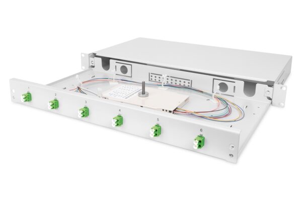 Scatola di giunzione per fibre ottiche, assemblata, 6x LC-APC DX, OS2