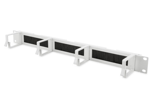 LISTELLO GUIDACAVI FORATO CON SPAZZOLA DI PROTEZIONE PER ARMADI 19" (1 UNITA') GRIGIO CON 4 GANCI