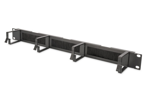 LISTELLO GUIDACAVI FORATO CON SPAZZOLA DI PROTEZIONE PER ARMADI 19" (1 UNITA') NERO CON 4 GANCI