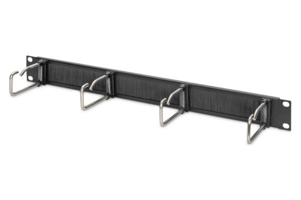 PANNELLO DI GESTIONE CAVI 1HE CON GUARNIZIONE A SPAZZOLA 4 ANELLI IN ACCIAIO 40X75 MM, NERO (RAL 9005)