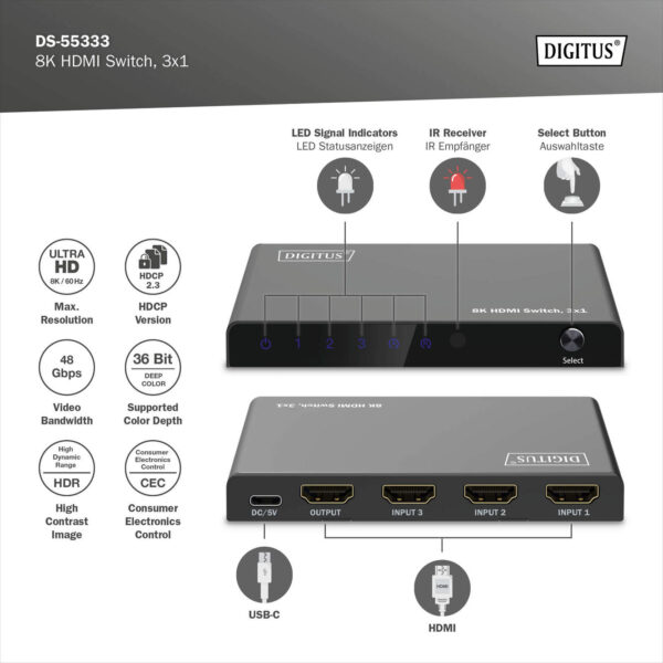 SWITCH HDMI 3x1 8K/60Hz (4:4:4), HDR, HDCP 2.3