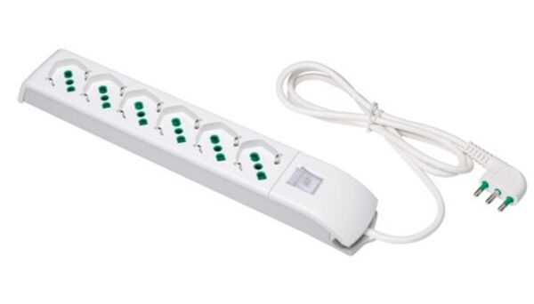 MULTIPRESA CON INTERRUTTORE CAVO NT 1,5 SPINA ITALIANA 16A 90° CON 6 PRESE BIPASSO ITA/SCHUKO COLORE BIANCO