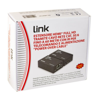 ESTENSORE HDMI® TRAMITE CAVO RETE CAT 6 FINO A 60 METRI 1080P CON COMANDO INFRAROSSI ALIMENTAZIONE DEL RICEVITORE POC (POWER OVER CABLE)